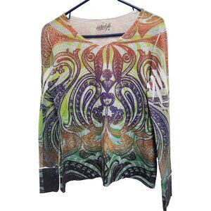 Citi‎ Life Womens Wearable Art Top Medium Paisley Long Sleeve V-Neck Novelty